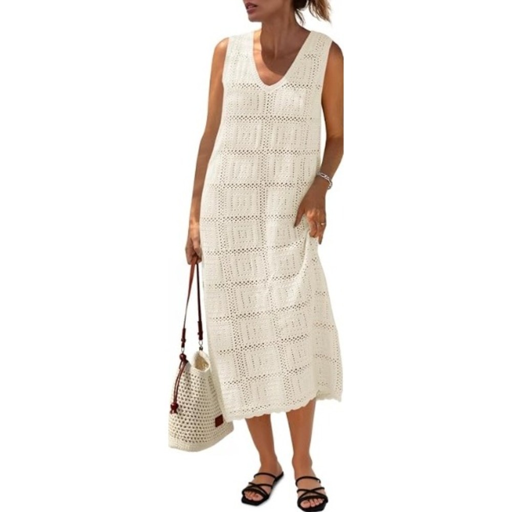 Resort Crochet Knit Midi Dress Beige V-Neck Sleeveless Cover Up Large Womens NEW